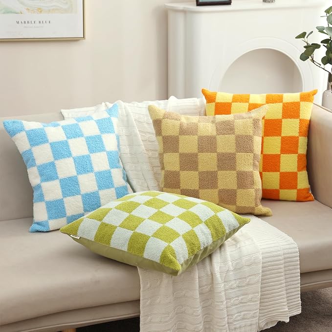 Alysheer Checkered Embroidered Decorative Throw Pillow Covers 18"x 18" Set of 2, Farmhouse Cottage Blue Green Designer Plaid Patterned Cotton Accent Cushion Case for Sofa Couch Bed Living Room-Ruum Studio Home