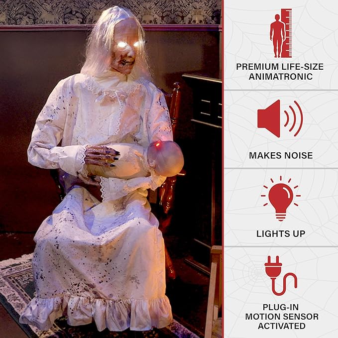 Haunted Hill Farm Life-Size Animatronic Gravely Granny by Tekky Halloween Decoration with Motion-Activated Sounds-Ruum Studio Home