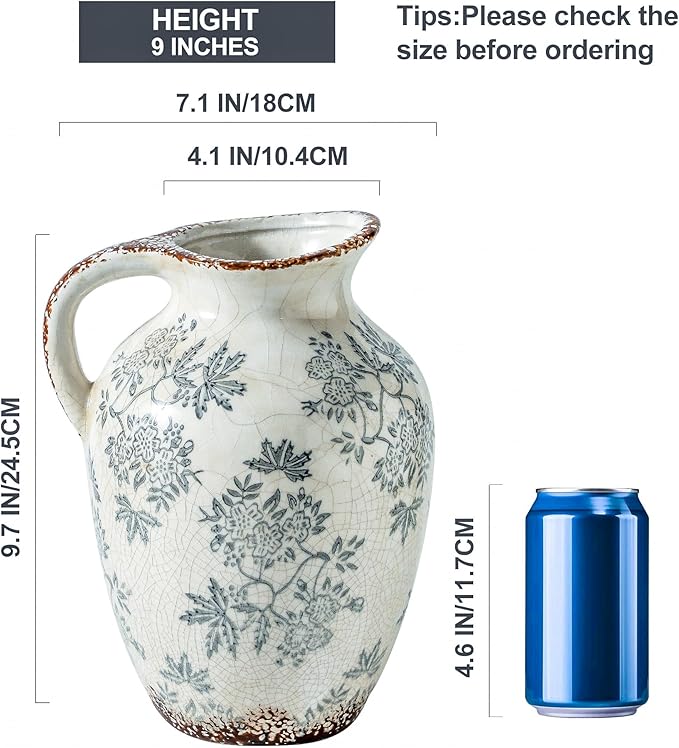 Enra Vintage vase with Handle,Blue and White Ceramic Decorative Flower vase, Chinoiserie Floral Vase,Large Rustic Vases for Home Decors, Living Room, Bookshelf, Office，9.7 inch-Ruum Studio Home