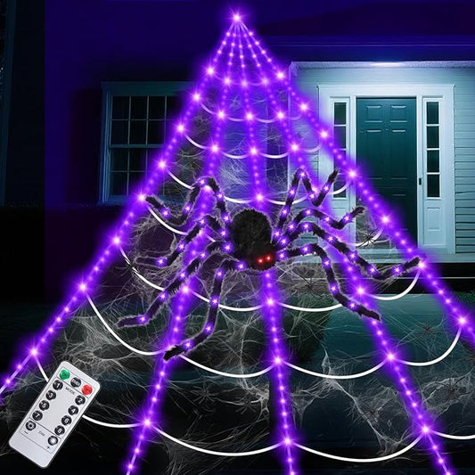 16.4 X 15.8Ft Giant Spider Web Halloween Decorations with 250 LED Lights, Halloween Spider Web Outdoor with 5Ft Large Spider, 3.53 Oz Stretch Web and 20 Small Spiders for Yard House Party Decoration-Ruum Studio Home