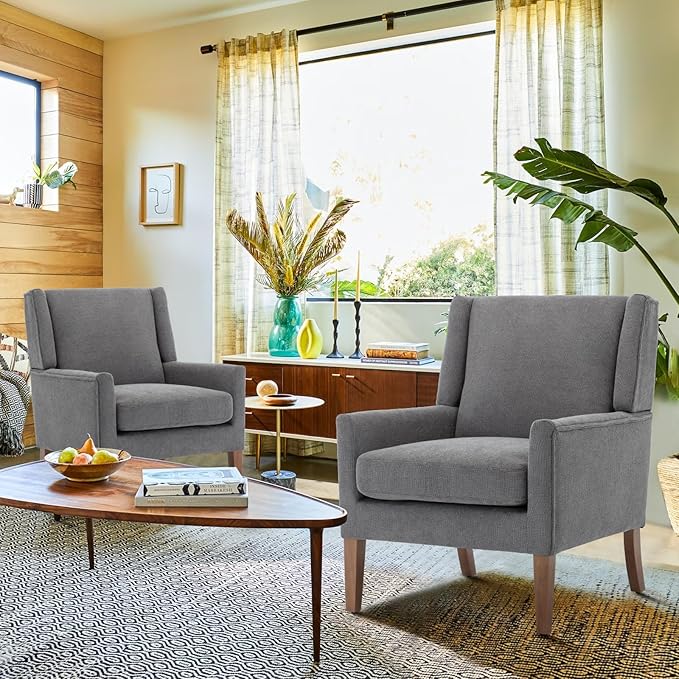 COLAMY Modern Wingback Living Room Chair, Upholstered Fabric Accent Armchair, Single Sofa Chair with Lounge Seat and Wood Legs for Bedroom/Office/Reading Spaces, Gery-Ruum Studio Home