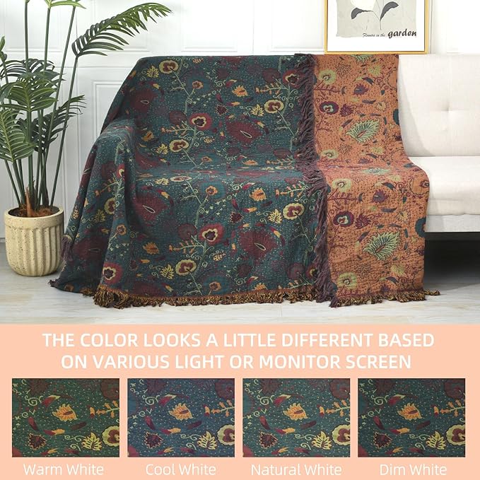 Boho Throw Blanket for Bed - 100% Pure Cotton Ultra Soft Rustic Quilt - Farmhouse Decor Bed Blankets, All Season Rustic Throw for Sofa Couch Chair(60''×80'', Floral)-Ruum Studio Home