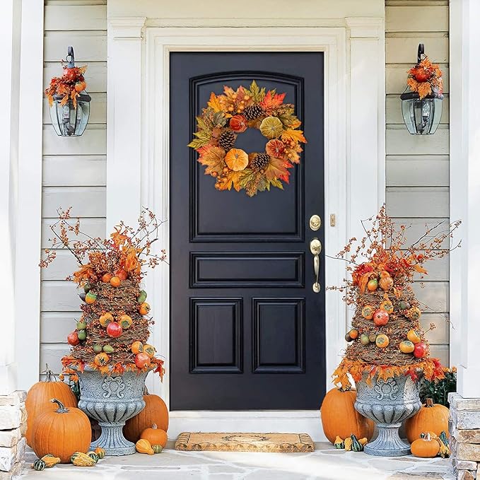 Fall Wreaths for Front Door 16'' Autumn Velvet Pumpkin Wreath with Metal Hook Harvest Maple Wreath Fall Decoration for Home Halloween Thanksgiving Decoration, Briful-Ruum Studio Home
