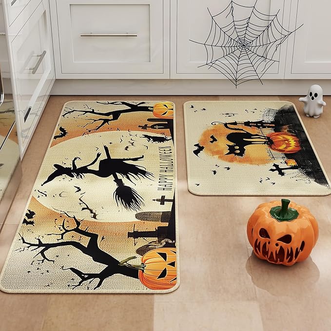Halloween Kitchen Mat Set of 2, Spooky Witch Pumpkin Cat Halloween Kitchen Decor, Halloween Rug for Floor, Indoor Spooky Home Decor with Non-Slip Backing,17 x 29 Inch & 17 x 47 Inch-Ruum Studio Home