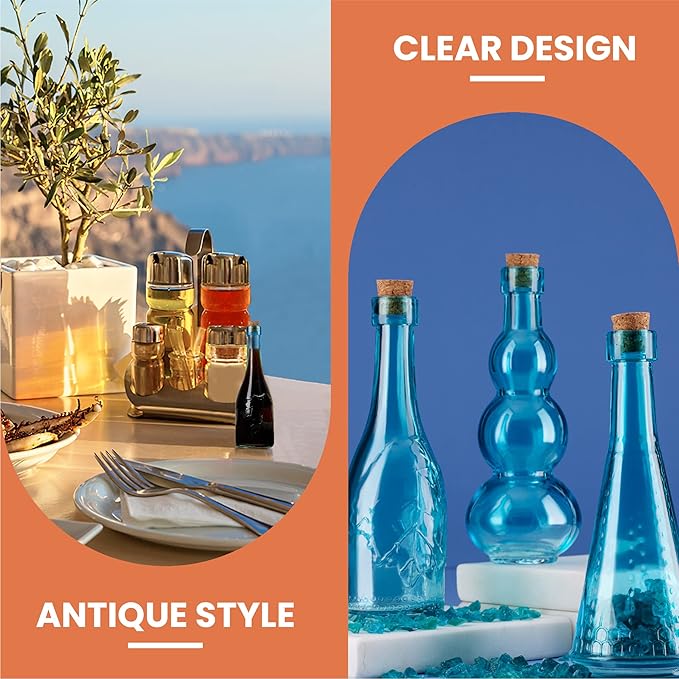 Small Blue Vintage Glass Bottles with Corks, Mini Vases, Decorative, Potion, Assorted Design Set of 12 pcs, 4.6 Inch Tall (11.43cm), 1.4 Inch Wide (3.56cm)-Ruum Studio Home