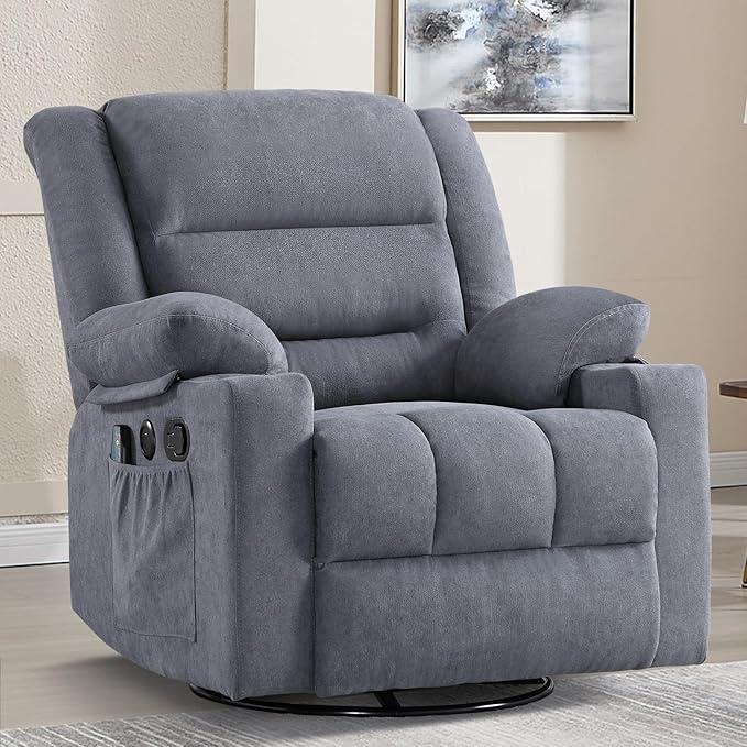 Rocker Recliner Chair with Heat and Massage, 360° Swivel Recliner Chairs for Adults, Heavy Duty Reclining Sofa Chair with USB Port Cup Holders Side Pockets for Living Room (Grey)-Ruum Studio Home