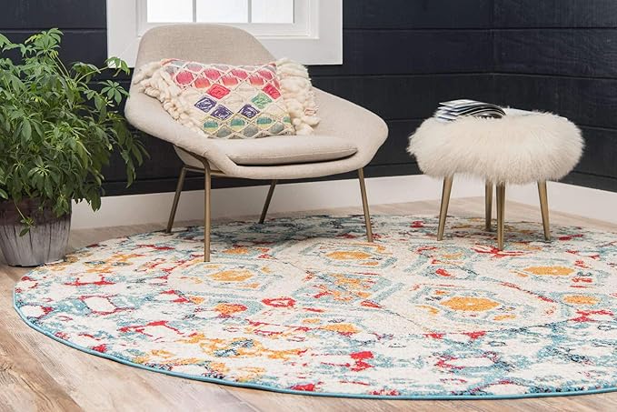 Unique Loom Rosso Collection Vintage, Geometric, Bohemian, Traditional, Distressed, Southwestern Area Rug, Round 4' 0" x 4' 0", Multi/Ivory-Ruum Studio Home