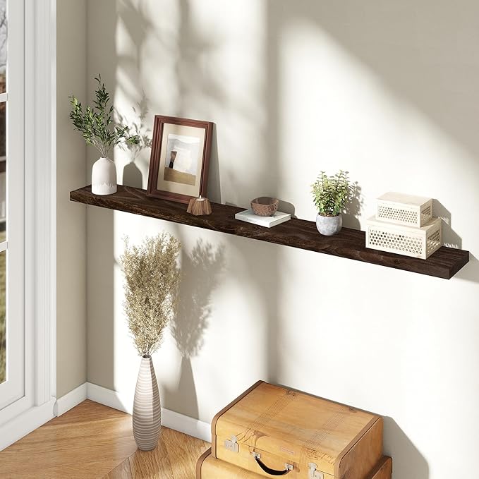 72" Floating Shelves for Wall, Rustic Elm Wood Floating Shelf for Home Decor, Wall-Mounted Display Shelves with Heavy-Duty Bracket, Long Floating Shelf for Bathroom, Kitchen, Living Room, Walnut Color-Ruum Studio Home