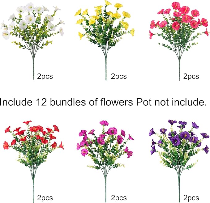 Artificial Flowers for Outdoors Fake Plants Outside Decoration, 12 Bundles Silk Colorful Morning Glory with Eucalyptus UV Resistant Realistic Faux Flowers for Planter Porch Patio Yard Garden-Ruum Studio Home