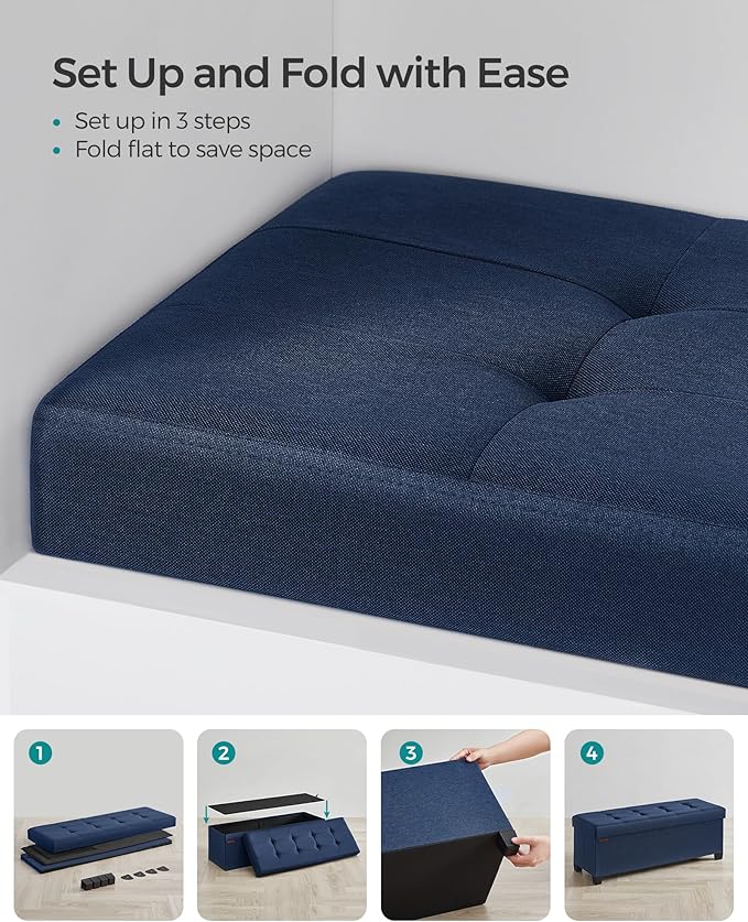 SONGMICS Storage Ottoman Bench, Foldable Foot Rest with Legs, 15 x 43 x 15.7 Inches, End of Bed Bench, Storage Chest, Load up to 660 lb, for Living Room, Bedroom, Entryway, Midnight Blue ULSF018I01-Ruum Studio Home