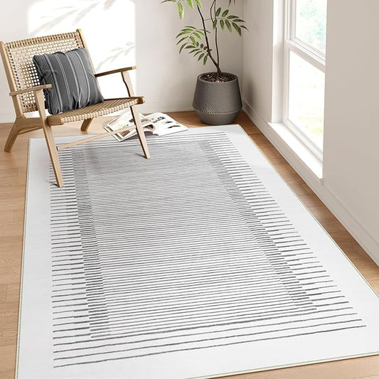 Wonnitar 5x7 Washable Striped Living Room Area Rug, Non-Slip Grey Boho Rugs for Bedroom, Low Pile Soft Minimalist Floor Carpets for Dining Room Home Office (Grey,5' x 7')-Ruum Studio Home