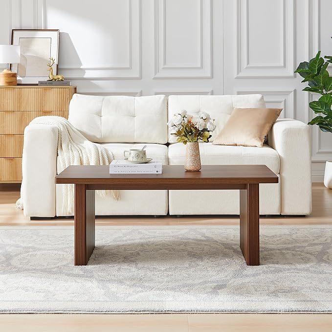 Rectangular Fluted Coffee Table, Farmhouse Wood Coffee Table Mid Century Modern Center Table Boho Living Room Tables for Living Room Office (Walnut, 19.69" D x 43.3" W x 17.72" H)-Ruum Studio Home