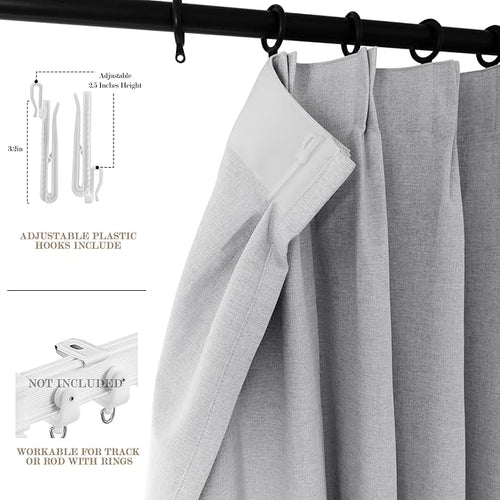 100" W x 84" L Faux Linen Room Divider Curtains, Full Blackout Pinch Pleated Drapes for Traverse Rod, Bedroom Divider Privacy Drapery with Hooks for Ceiling Track, 1 Panel, Silver Grey-Ruum Studio Home