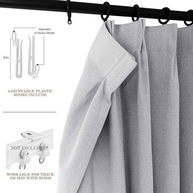 100" W x 96" L Faux Linen Room Divider Curtains, Full Blackout Pinch Pleated Drapes for Traverse Rod, Bedroom Divider Privacy Drapery with Hooks for Ceiling Track, 1 Panel, Silver Grey-Ruum Studio Home