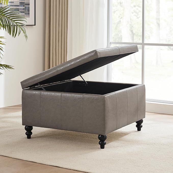 HUIMO Square Leather Storage Ottoman,Ottoman Coffee Table with Storage for Living Room (Taupe)-Ruum Studio Home