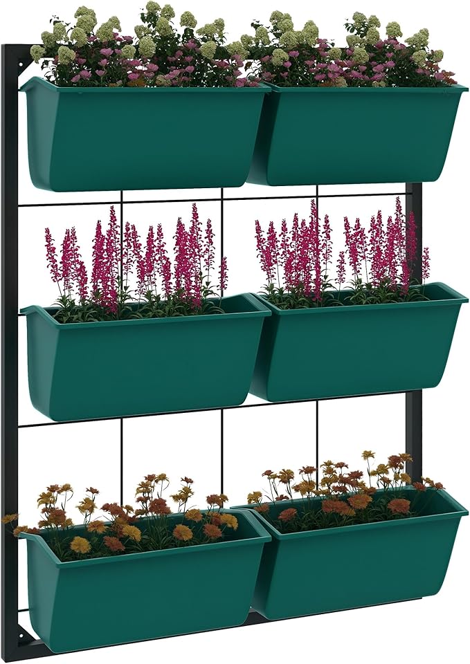 Outsunny 3-Tier Wall Planter with 6 Pots for Indoor and Outdoor Use, Hanging Plant Holder, Self Draining Wall Mounted Planter for Vegetables, Flowers, Herbs, Green-Ruum Studio Home