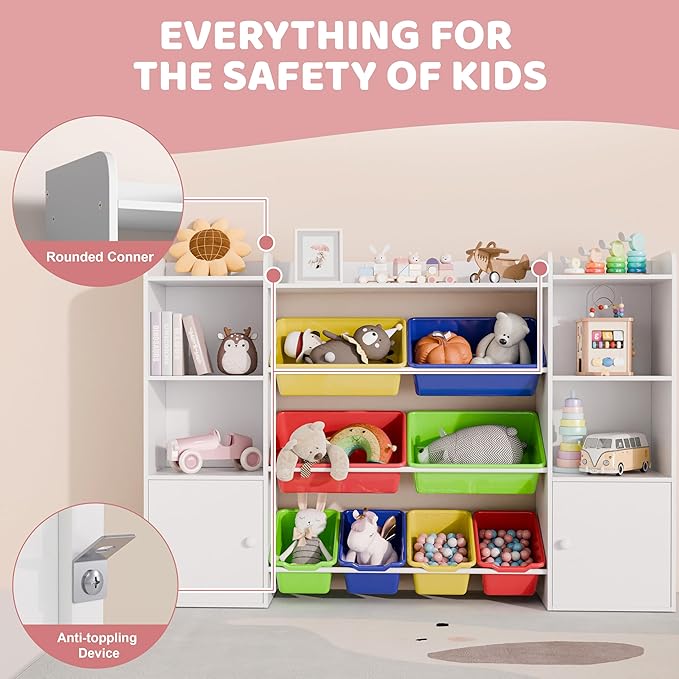 Xilingol Kids Toy Storage Organizer W/8 Removable Toy Bins, 4-Tier Toy Organizers W/6 Storage Cubbies, Kid Bookshelf and Toy Storage for Playroom, Bedroom, Kids Room, Classroom-Ruum Studio Home