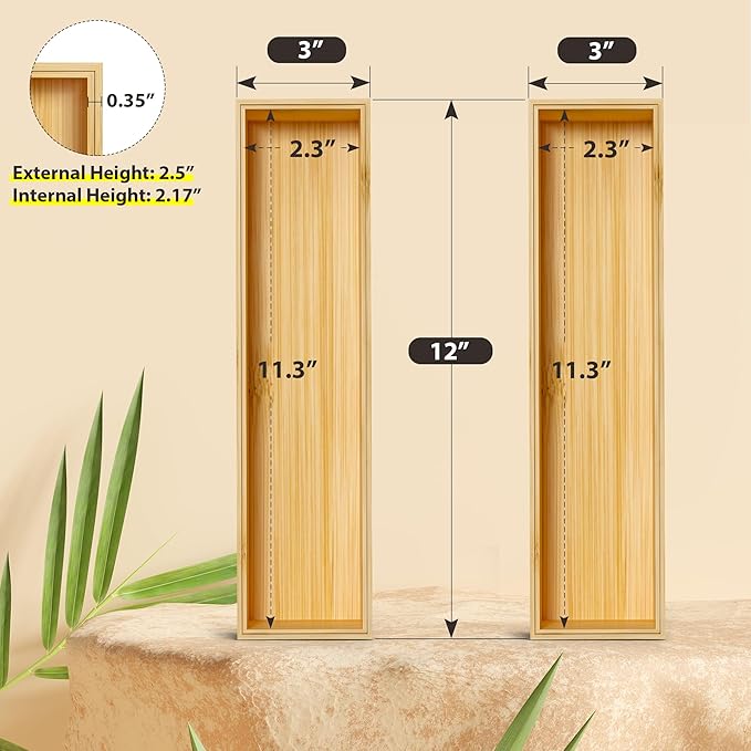 Kitchen Drawer Organizer Bins, Stackable Bamboo Deep Drawer Organizer for Silverware, Utensils, Cutlery, Flatware, Junk Drawer, Dresser, Bathroom, 12" x 3" x 2.5" (Set of 2)-Ruum Studio Home