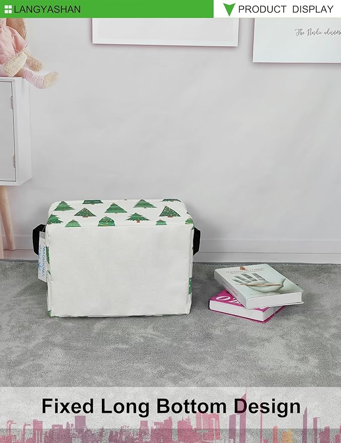 LANGYASHAN Rectangular Storage Bin Collapse Canvas Fabric Cartoon Storage Basket with Handles for Organizing Home Kitchen Boys and Girls Toys Office Closet Shelf Baskets (Rec christmas tree)-Ruum Studio Home