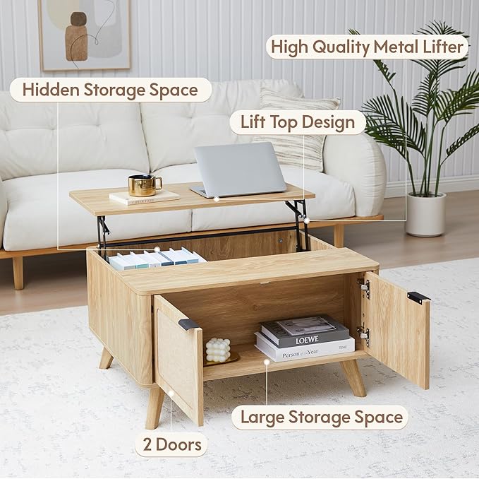 AVZEAR Wood Lift Top Coffee Table with Storage, Boho Modern Coffee Table with Nature Linen Doors & Large Hidden Storage, Rounded Corners Center Table Farmhouse Coffee Tables for Living Room, Natural-Ruum Studio Home