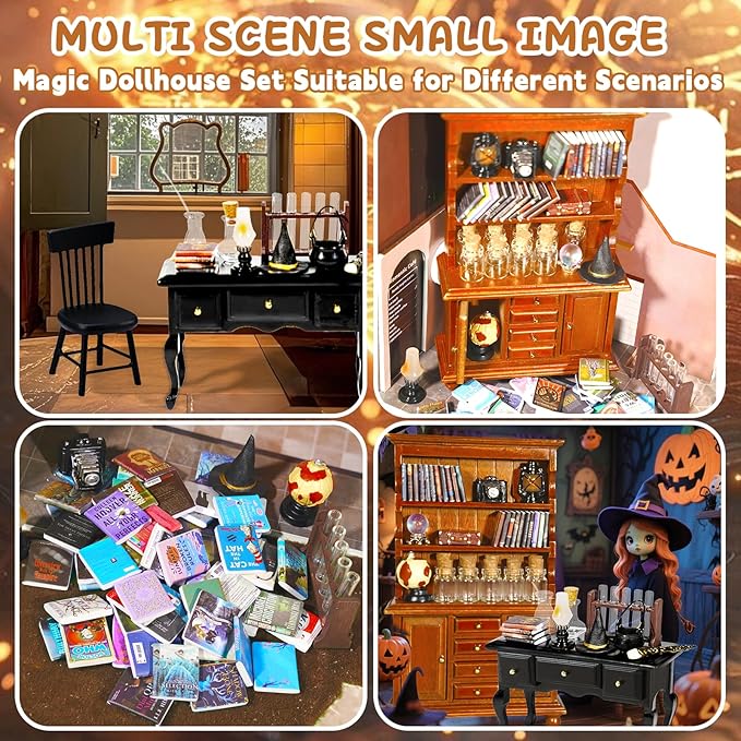 Rileryan 54 Pcs 1:12 Scale Magic Witchy House Kit Miniature Furnitures Accessories Mini Wooden Bookshelf Bookcase 30 Mini Books Desk Chair Halloween Decoration-Ruum Studio Home