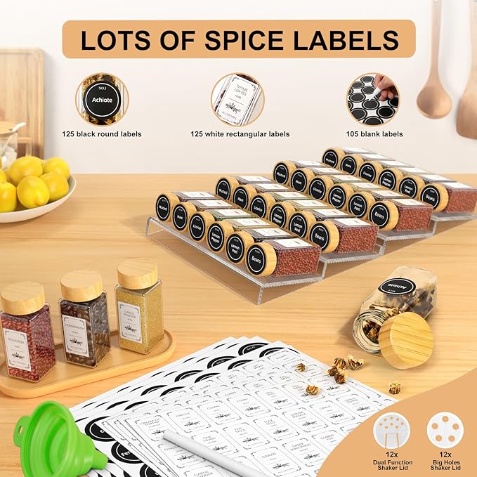 24 Spice Jars with Spice Drawer Organizer, 355 Spice Labels, 4 Pack Expandable From 11'' to 21'' Acrylic Spice Rack for Drawer, Seasoning Containers Storage Organization for Kitchen Cabinet Countertop-Ruum Studio Home