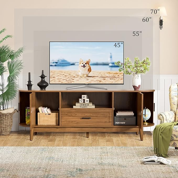 63" Fluted TV Stand for Tvs up to 70", Mid-Century Modern Entertainment Center with Drawers and Fluted Doors, Curved TV Media Console Table with Sliding Doors for Living Room, Bedroom (63")-Ruum Studio Home