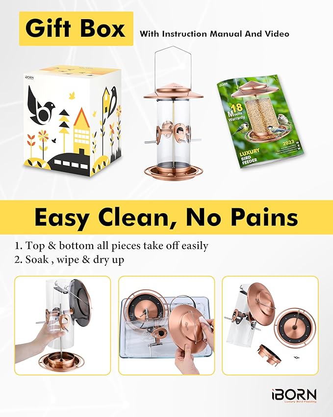 iBorn Metal Bird Feeder for Outside Hanging,Wild Bird Feeders for Cardinal,18cm Large Roof&Tray Brushed Copper 10 Port(Seed is not Included)-Ruum Studio Home