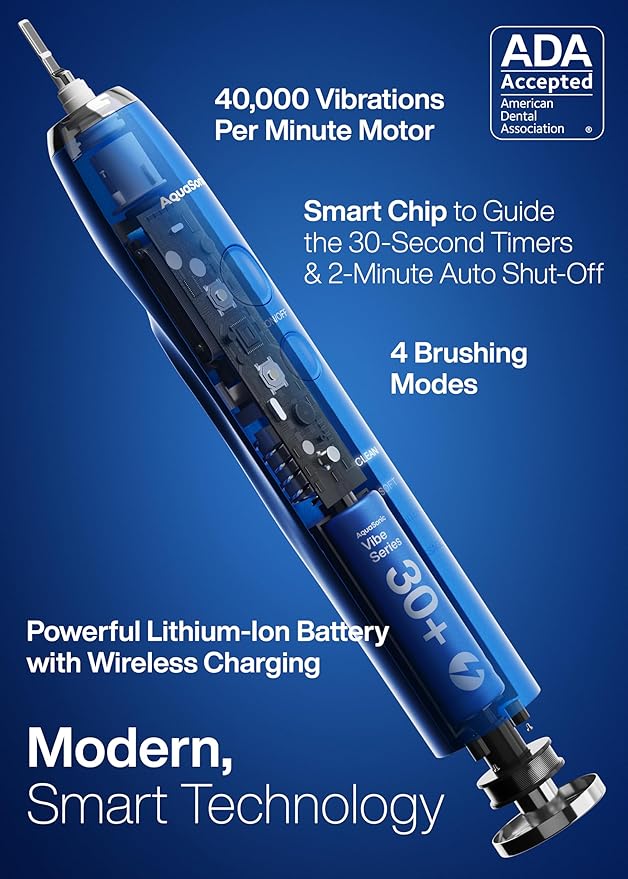 Aquasonic Vibe Series Ultra-Whitening Toothbrush – ADA Accepted Electric Toothbrush - 8 Brush Heads & Travel Case – 40,000 VPM Motor & Wireless Charging - 4 Modes w Smart Timer – Sapphire Blue-Ruum Studio Home