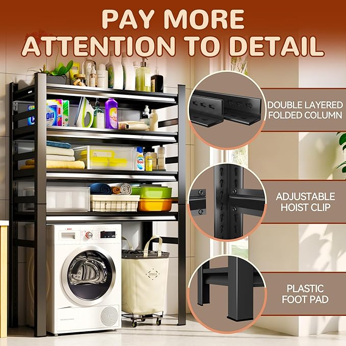 Laundry Shelf,5 Tier Over Washer and Dryer Storage Shelves,Adjustable Easy to Install,Space Saver Laundry Shelf Organizer,Utility Shelves for Balcony,Black,72”H*15.7”D*35.4“W-Ruum Studio Home