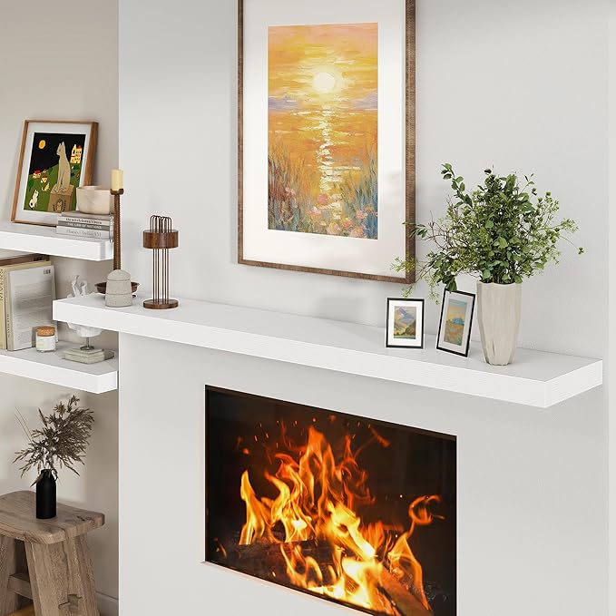 White Floating Shelves for Wall - 72 Inch Wide x 12 Inch Deep Wall Shelves Set of 1 - Rustic White Wood Shelves for Living Room, Bathroom, Laundry Room, Bedroom, Kitchen, Home Office-Ruum Studio Home