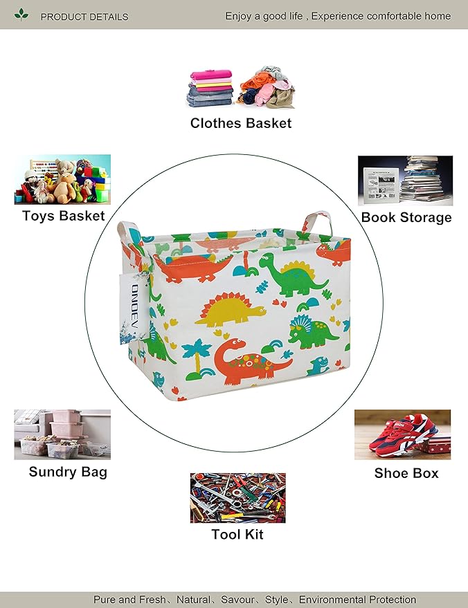 Rectangular Folding Laundry Basket, Canvas Basket,Nersury Hamper,Suitable for Children,Office,Bedroom,Clothes,Toys Storage（Dinosaur Paradise） (1)-Ruum Studio Home