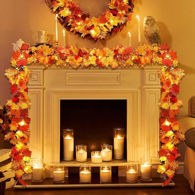 2 Pack Fall Decor Maple Leaves Garland with Lights Battery Operated Fall Thanksgiving Decorations Garland for Home Porch Front Door Table Mantle Outdoor Autumn Harvest Halloween Decor, 11.8Ft 40LED-Ruum Studio Home