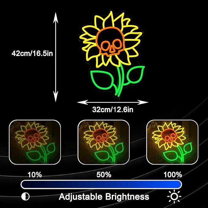 Sunflower Skull Neon Sign Wall Decor USB Powered Skeleton Head Halloween Neon Light Sign Dimmable Funny Halloween Day LED Sign for Trick or Treat Party Backdrop Bedroom Bar Man Cave-Ruum Studio Home
