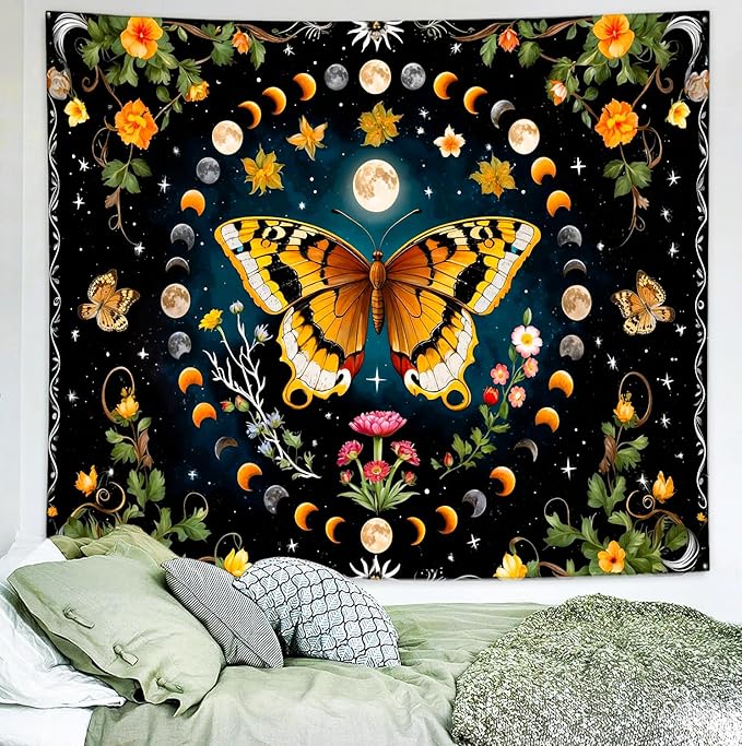 Delur Butterfly Moon Flower Tapestry Botanical Floral Plant Boho Tapestry Wall Hanging Mandala Aesthetic Mushroom Retro Vintage Headboard for Bedroom Living Room Home Decor (51.2" x 59.1")-Ruum Studio Home