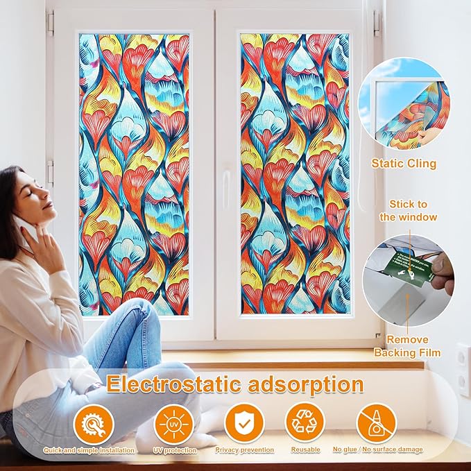 Window Privacy Film Stained Glass Decorative Static Clings Frosted Window Tint for Home Room Decor Bathroom Door Car Stickers with Glittering Effect, Removable(Tulip)-Ruum Studio Home