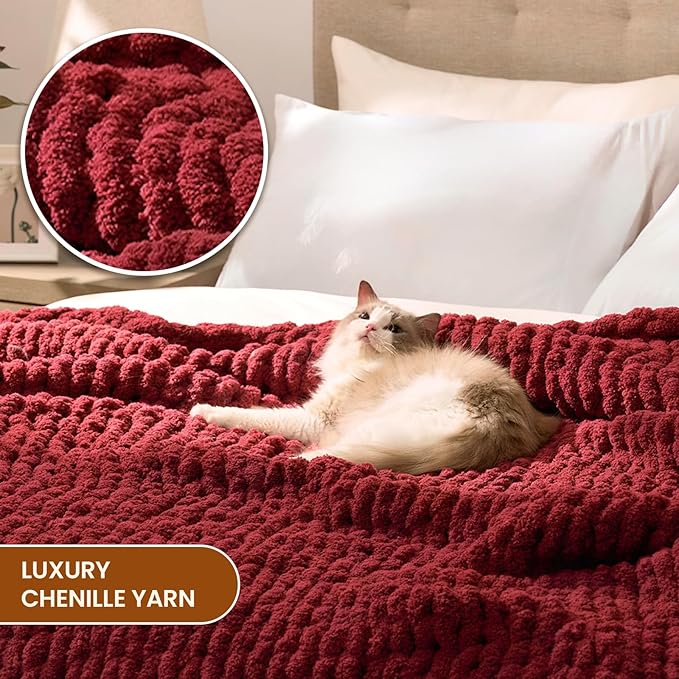 L'AGRATY Chunky Knit Blanket Throw: 60''x80'' Chenille Chunky Knitted Throw Blankets for Twin Bed Couch - Handmade Thick Cable Knit Blanket - Large Crochet Rope Blankets for Home Decor(Maroon Red)-Ruum Studio Home