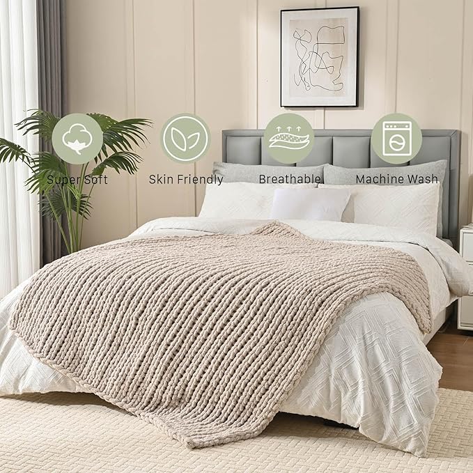 Esterra Chunky Knit Blanket Throw 60"x80", 100% Hand Knitted Chenille Throw Blanket, Cozy Soft Thick Cable Knit Throw Large Rope Knot Crochet Throw Blanket for Sofa Couch Bed, Linen Beige-Ruum Studio Home