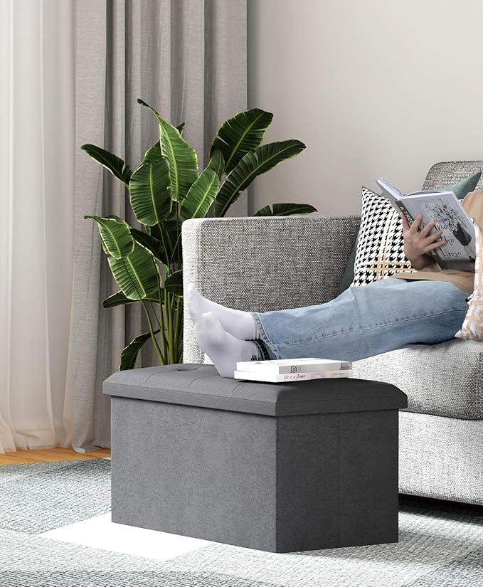Storage Ottoman Bench, Folding Ottoman Foot Rest, 15 x 30 x 15 Inches, End of Bed Bench,Storage Chest, for Living Room, Bedroom, Hallway, Entryway, Dark Gray-Ruum Studio Home