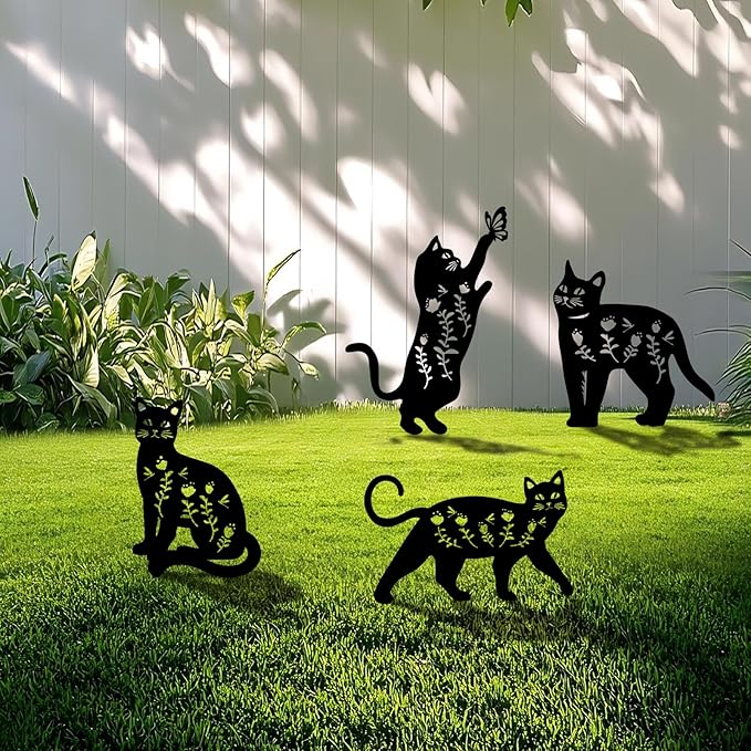 4 Pack Cat Metal Garden Decorative Stakes, Weather Proof Silhouette Statues for Yard, Patio,Outdoor Decor for Cat Lovers and Pet Owners-Ruum Studio Home