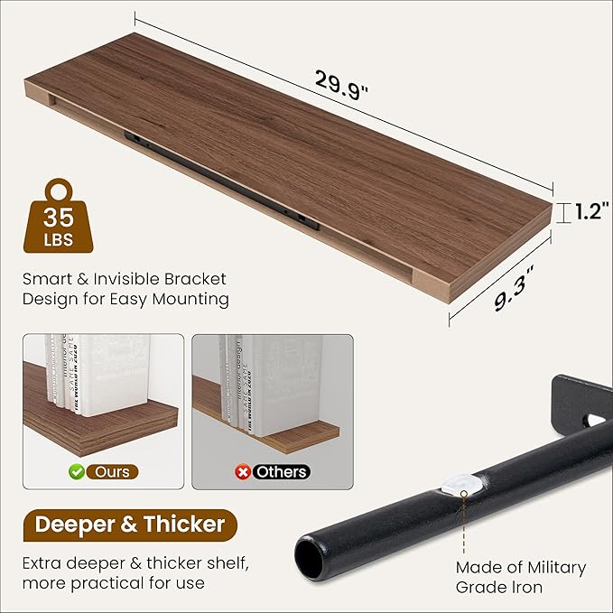 Fun Memories Floating Shelves for Wall, 30 Inch Rustic Wood Wall Mounted Shelves for Bathroom, Bedroom, Kitchen, Living Room, Deep Floating Shelves for Storage & Home Decor (Walnut, Set of 2)-Ruum Studio Home