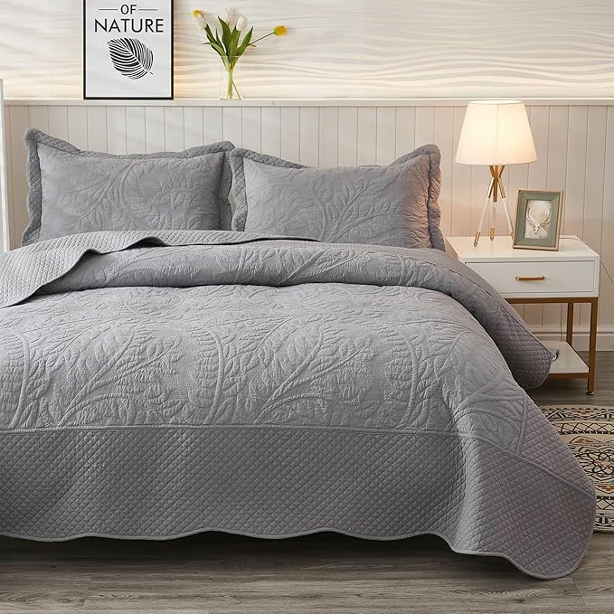 MarCielo 3-Piece 100% Cotton Oversized Bedspread Lightweight Quilt Coverlet Embroidery Farmhouse Bedding Set T0 (Light Grey, Oversized Queen (100"x106"))-Ruum Studio Home