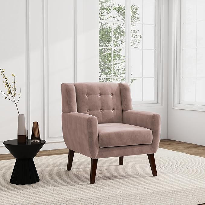 UIXE Accent Chair, Velvet Upholstered Armchair for Living Room, Modern Club Arm Chairs Comfy Single Sofa Button Tufted Bedroom Reading Seat - Skin Pink, Set of 1-Ruum Studio Home