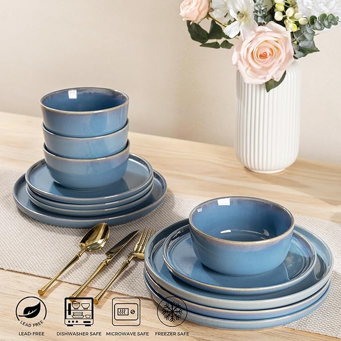 GBHOME Ceramic Dinnerware Sets for 4, 12 Pieces Stoneware Plates and Bowls Sets, Reactive Glaze Dishes -Scratch Resistant, Dishwasher&Microwave Safe-Alaskan Blue-Ruum Studio Home
