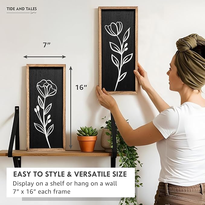 3D Vintage Black Living Room Decor (Set of 2) Lightweight, Wooden Ready-to-Hang Framed Moody Floral Wall Art for Bathroom, Bedroom or Office - Dark Textured Boho Farmhouse Wall Decor - Gift-Boxed-Ruum Studio Home
