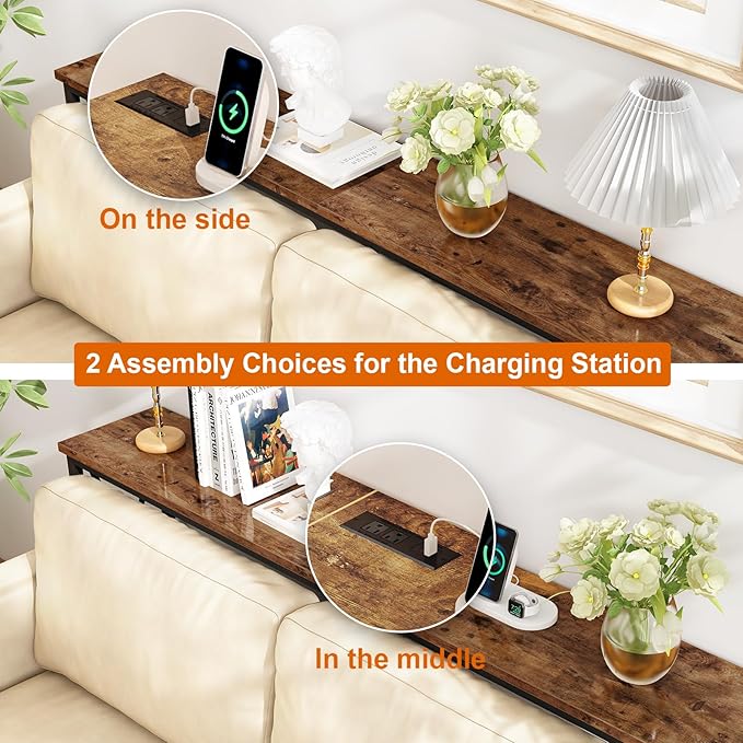 SUPERJARE 70 Inch Console Table with Outlets and USB-C Port, Extra Long Behind Couch Sofa Table with X-Shaped Design, Narrow for Entryway, Living Room, Metal Frame, Wooden Top, Rustic Brown-Ruum Studio Home