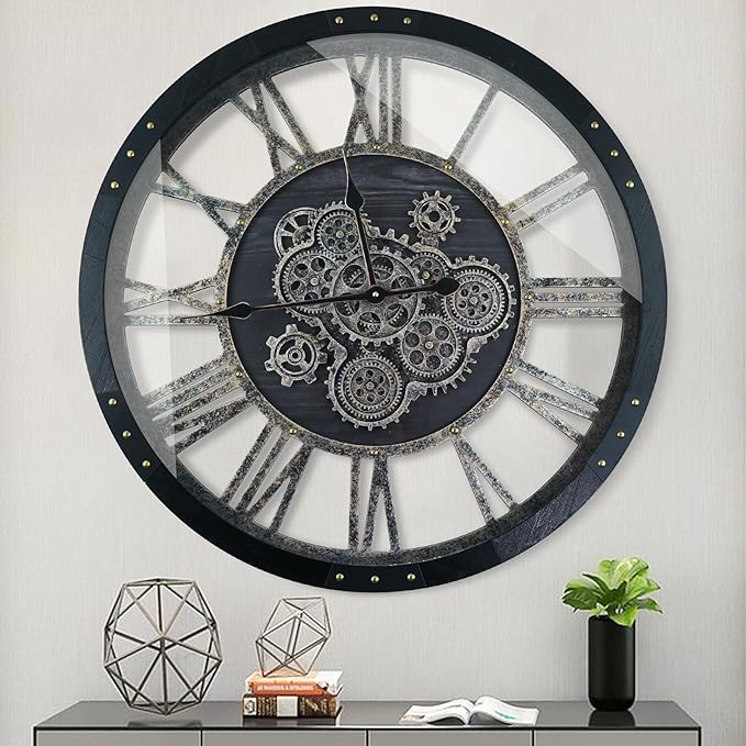 30 Inch Industrial Steampunk Wall Clock, Oversized Solid Wood Frame, Battery Operated, Large Wall Clock with Real Rotating Gears, Black-Ruum Studio Home