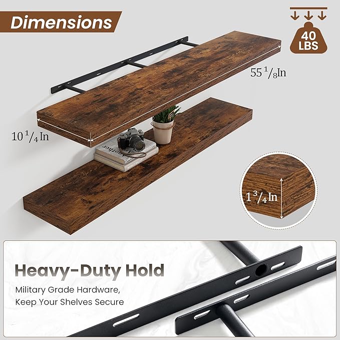 Heimlove 55 Inch Floating Shelves for Wall,10 Deep Large Rustic Brown Wall Shelf with Heavy Duty Brackets,Wall Mounted Storage & Display Shelves for Bedroom,Living Room,Kitchen,Office-Ruum Studio Home