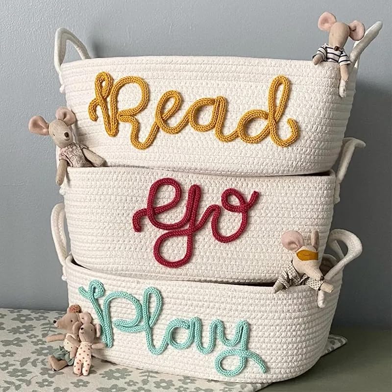 Personalized Baby Name Basket, Custom Woven Baby Shower Gift Basket with Cotton Rope Handle Baby Diaper Nursery Shelf Storage Basket Bin for Kids' Bedroom (Style 1)-Ruum Studio Home