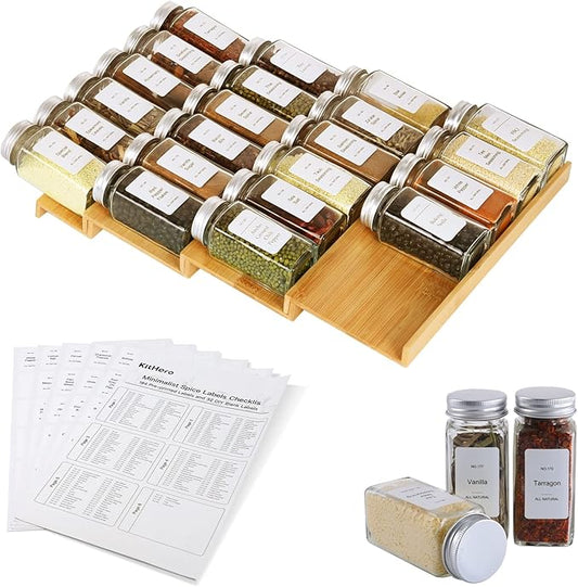 Spice Drawer Organizer with 20 Spice Jars,216 Labels,25 Non-slip Rubber, Bamboo 4 Tier Seasoning Rack Tray Insert for Kitchen Drawers,Cabinets,Countertop,11" Wide x 15.8" Deep-Ruum Studio Home